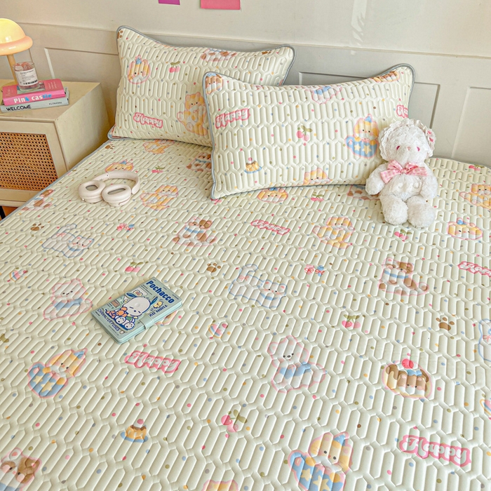 91家纺网 家纺一手货源 找家纺 柒月家居 2026新款小清新乳胶凉席三件套 波点萌宠