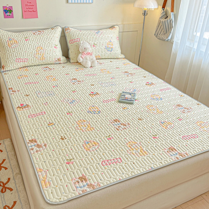 91家纺网 家纺一手货源 找家纺 柒月家居 2026新款小清新乳胶凉席三件套 波点萌宠