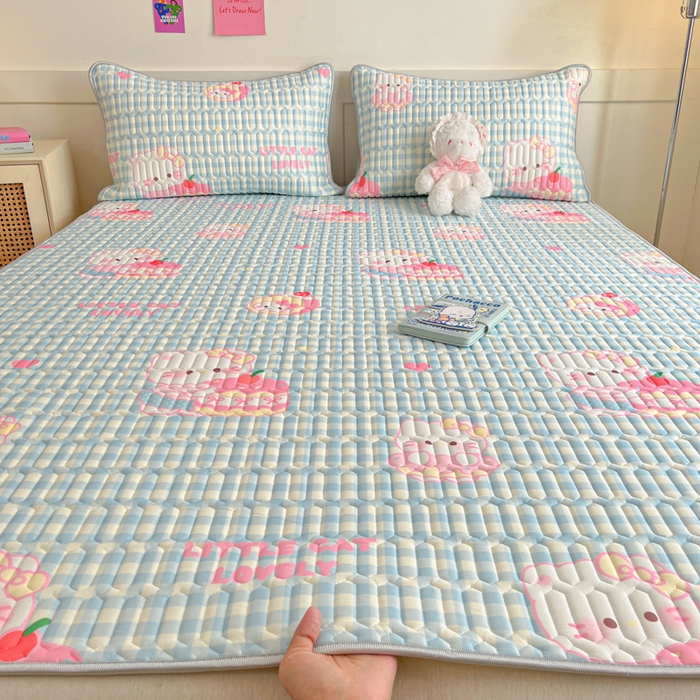 柒月家居 2026新款小清新乳胶凉席三件套 蓝格甜猫