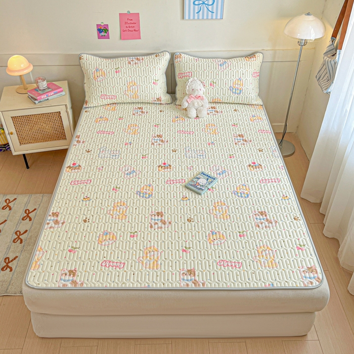 91家纺网 家纺一手货源 找家纺 柒月家居 2026新款小清新乳胶凉席三件套 波点萌宠