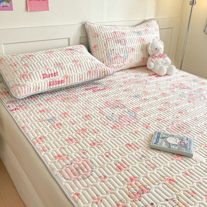 91家纺网 家纺一手货源 找家纺 柒月家居 2026新款小清新乳胶凉席三件套 桃桃奶猫