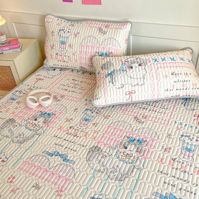 91家纺网 家纺一手货源 找家纺 柒月家居 2026新款小清新乳胶凉席三件套 奶盖猫咪