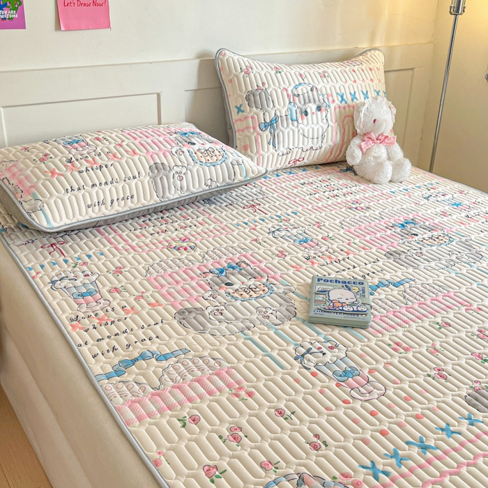 91家纺网 家纺一手货源 找家纺 柒月家居 2026新款小清新乳胶凉席三件套 奶盖猫咪