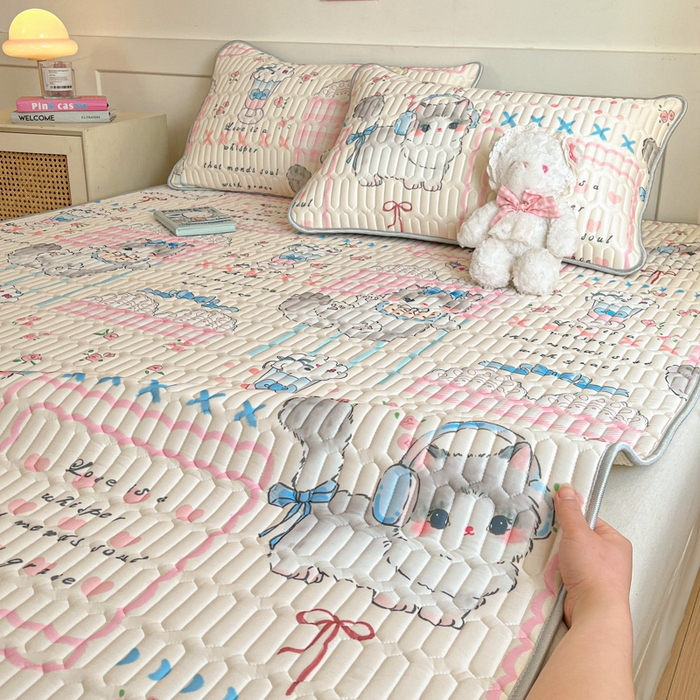 91家纺网 家纺一手货源 找家纺 柒月家居 2026新款小清新乳胶凉席三件套 奶盖猫咪