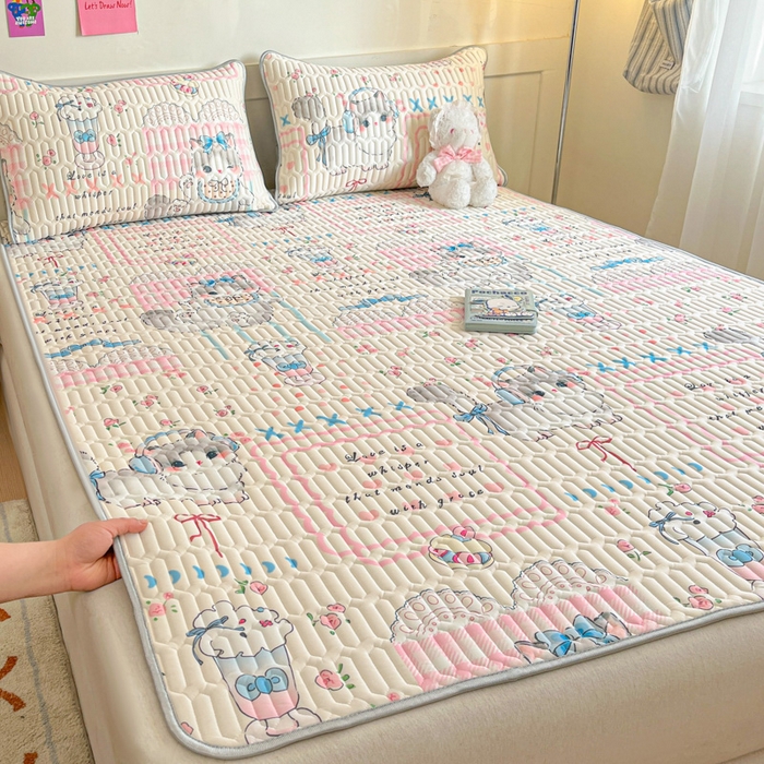 91家纺网 家纺一手货源 找家纺 柒月家居 2026新款小清新乳胶凉席三件套 奶盖猫咪