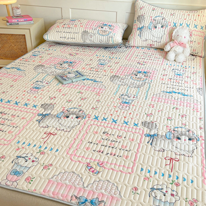 91家纺网 家纺一手货源 找家纺 柒月家居 2026新款小清新乳胶凉席三件套 奶盖猫咪