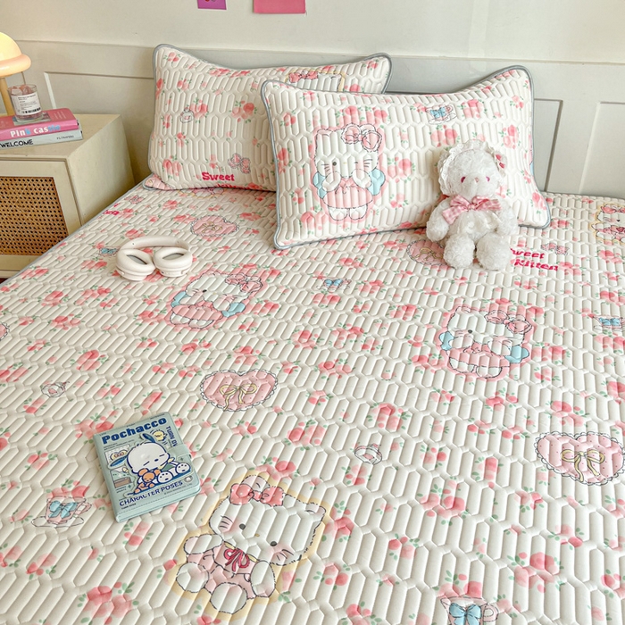 91家纺网 家纺一手货源 找家纺 柒月家居 2026新款小清新乳胶凉席三件套 桃桃奶猫