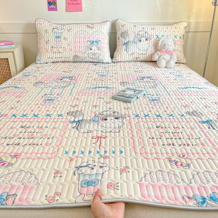 柒月家居 2026新款小清新乳胶凉席三件套 奶盖猫咪