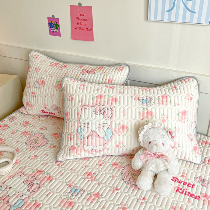 91家纺网 家纺一手货源 找家纺 柒月家居 2026新款小清新乳胶凉席三件套 桃桃奶猫