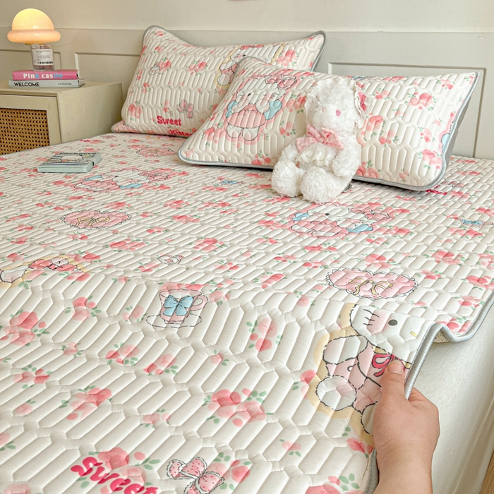 91家纺网 家纺一手货源 找家纺 柒月家居 2026新款小清新乳胶凉席三件套 桃桃奶猫