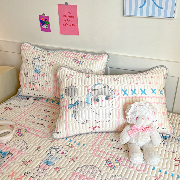 91家纺网 家纺一手货源 找家纺 柒月家居 2026新款小清新乳胶凉席三件套 奶盖猫咪