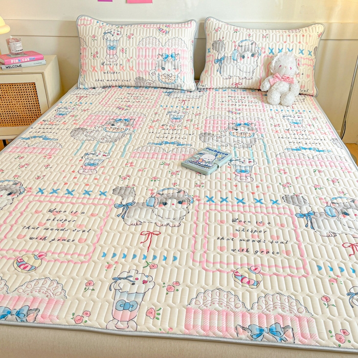 91家纺网 家纺一手货源 找家纺 柒月家居 2026新款小清新乳胶凉席三件套 奶盖猫咪