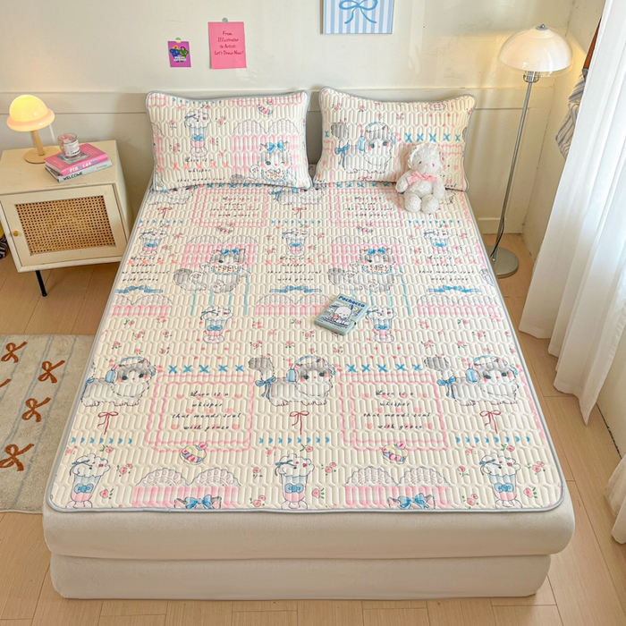 91家纺网 家纺一手货源 找家纺 柒月家居 2026新款小清新乳胶凉席三件套 奶盖猫咪