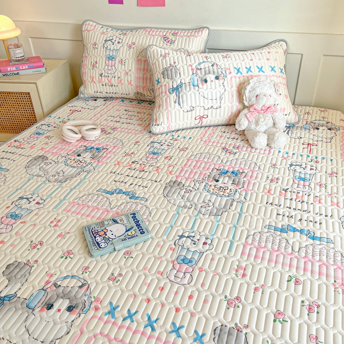 91家纺网 家纺一手货源 找家纺 柒月家居 2026新款小清新乳胶凉席三件套 奶盖猫咪