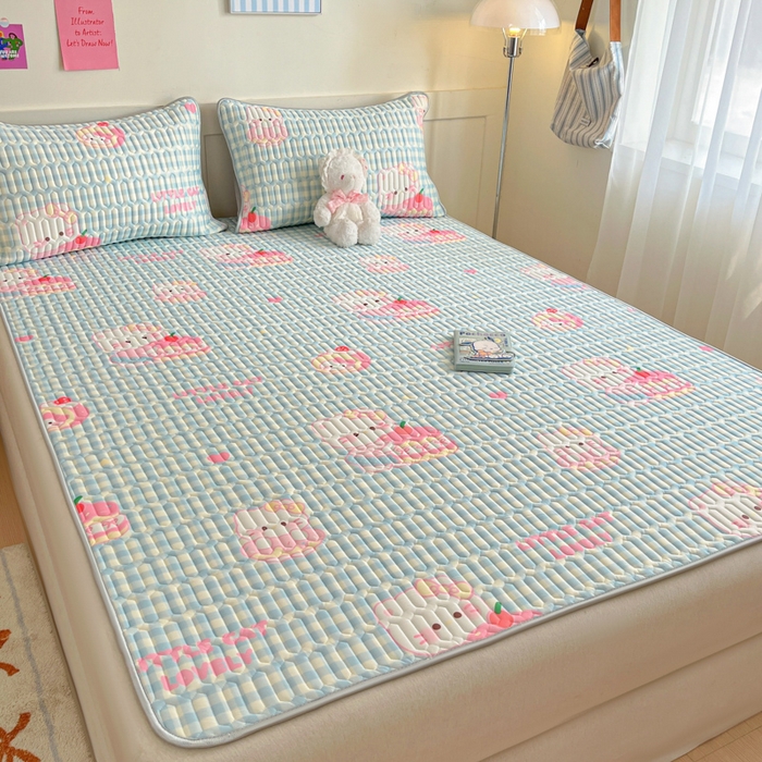 91家纺网 家纺一手货源 找家纺 柒月家居 2026新款小清新乳胶凉席三件套 蓝格甜猫