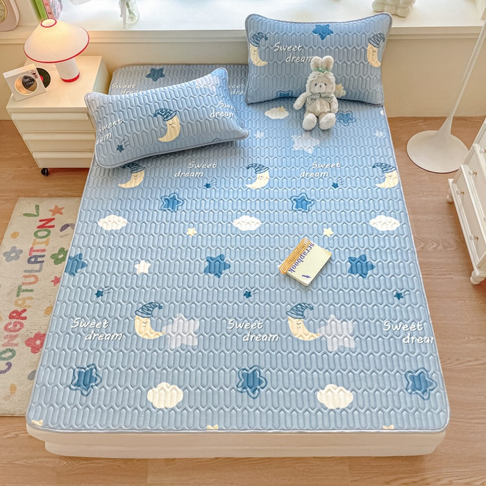 91家纺网 家纺一手货源 找家纺 柒月家居 2026新款小清新乳胶凉席三件套 星星月亮