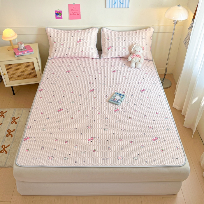 91家纺网 家纺一手货源 找家纺 柒月家居 2026新款小清新乳胶凉席三件套 简约甜喵