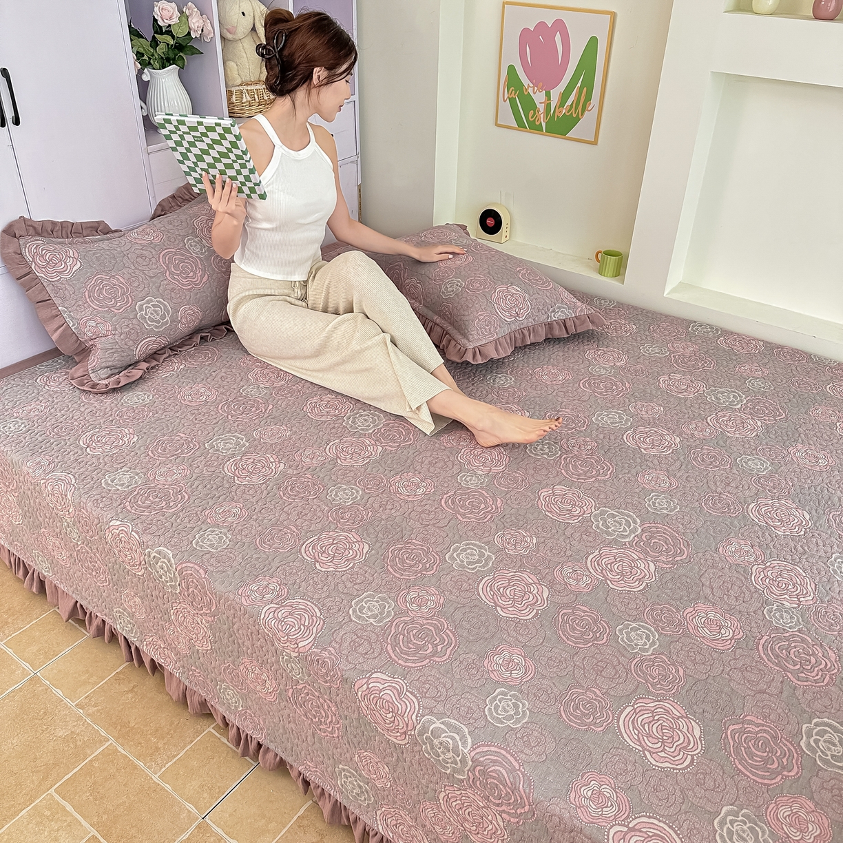 91家纺网 家纺一手货源 找家纺 手艺人家纺 2026新款双层纱夹棉防滑床盖炕盖-第三批 A29