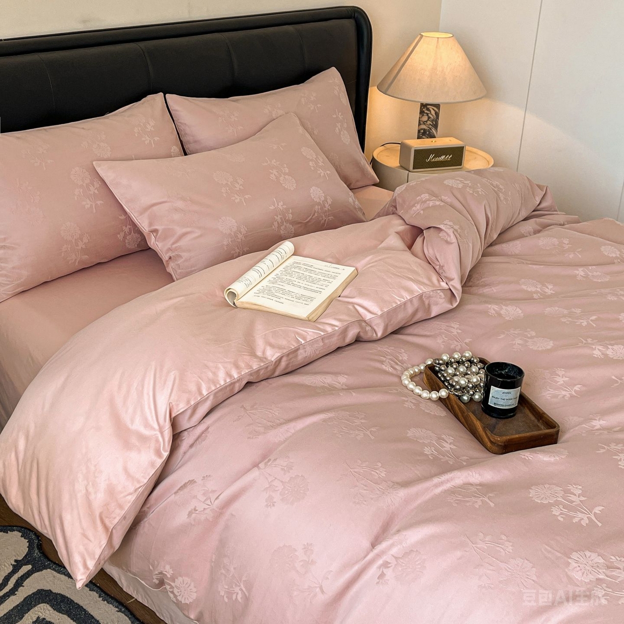 91家纺网 家纺一手货源 找家纺 乐家毛巾被（工厂自产自销） 2026春夏新款全棉60S长绒棉立体厚织提花四件套 叶间梦