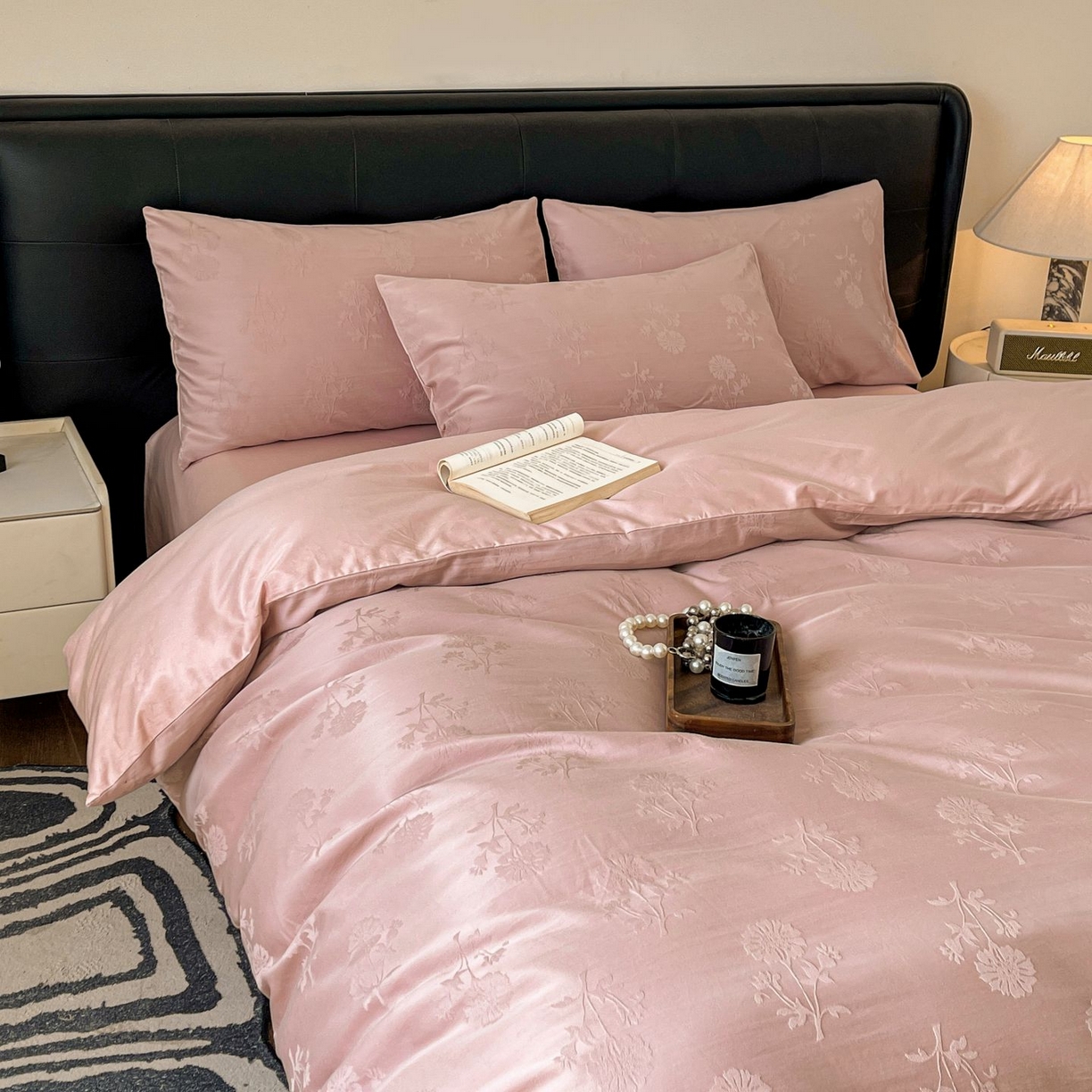 91家纺网 家纺一手货源 找家纺 乐家毛巾被（工厂自产自销） 2026春夏新款全棉60S长绒棉立体厚织提花四件套 叶间梦