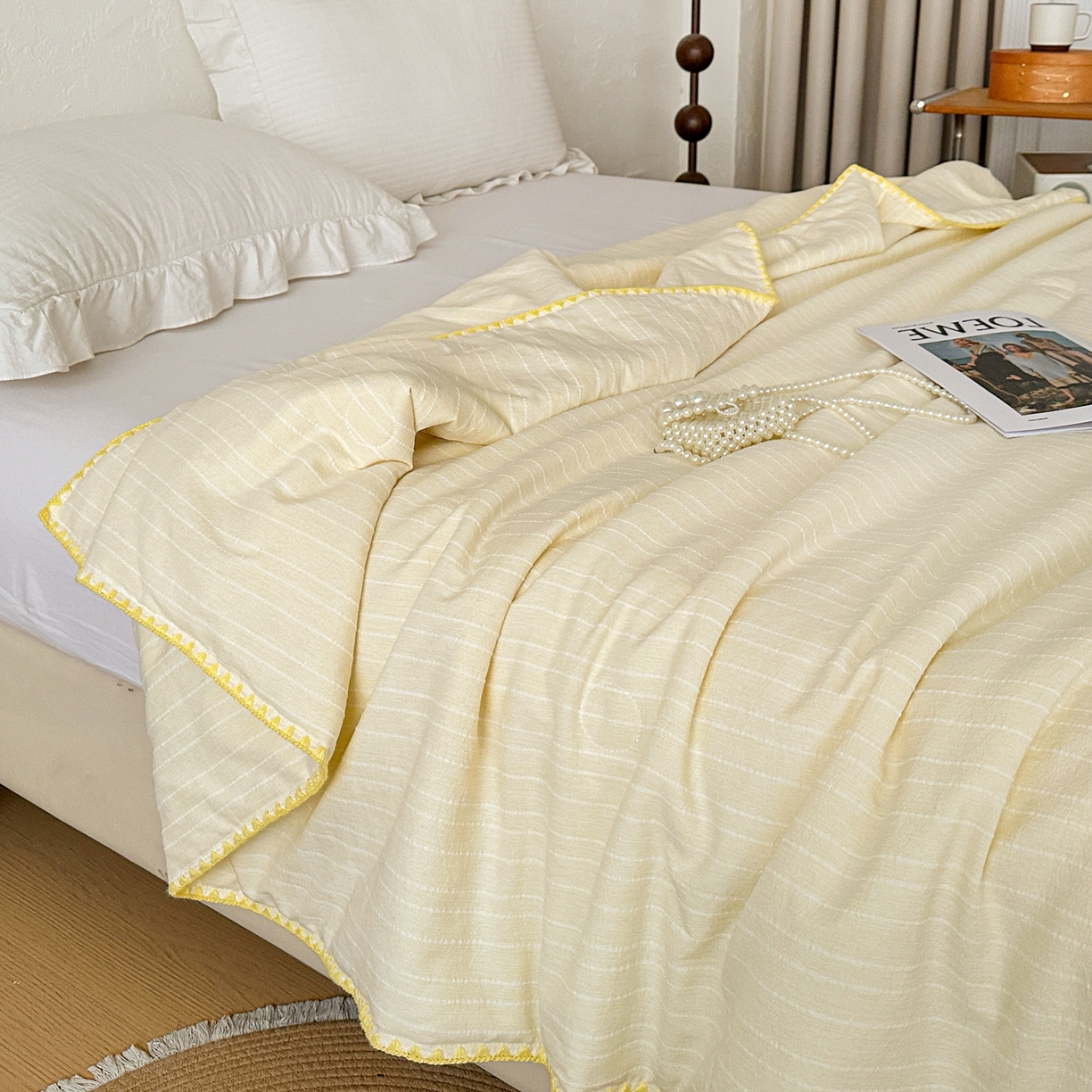 91家纺网 家纺一手货源 找家纺 （总）鑫利来家纺 2026新款纯色无印风夏被简约素色法式麻夏凉被阳离子色织提花单人双人学生夏凉被空调被