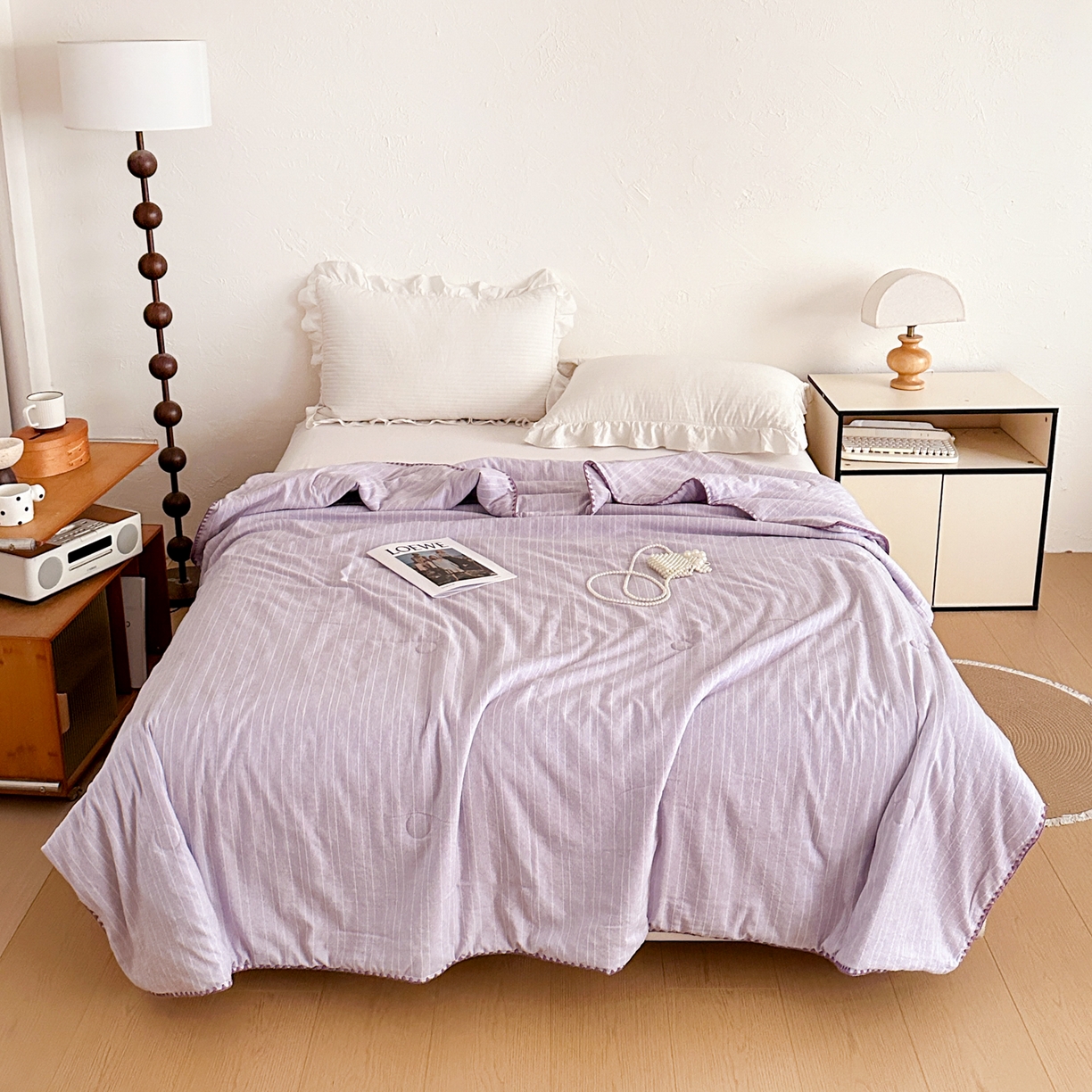91家纺网 家纺一手货源 找家纺 鑫利来家纺 2026新款纯色无印风夏被简约素色法式麻夏凉被阳离子色织提花单人双人学生夏凉被 青禾-浅紫