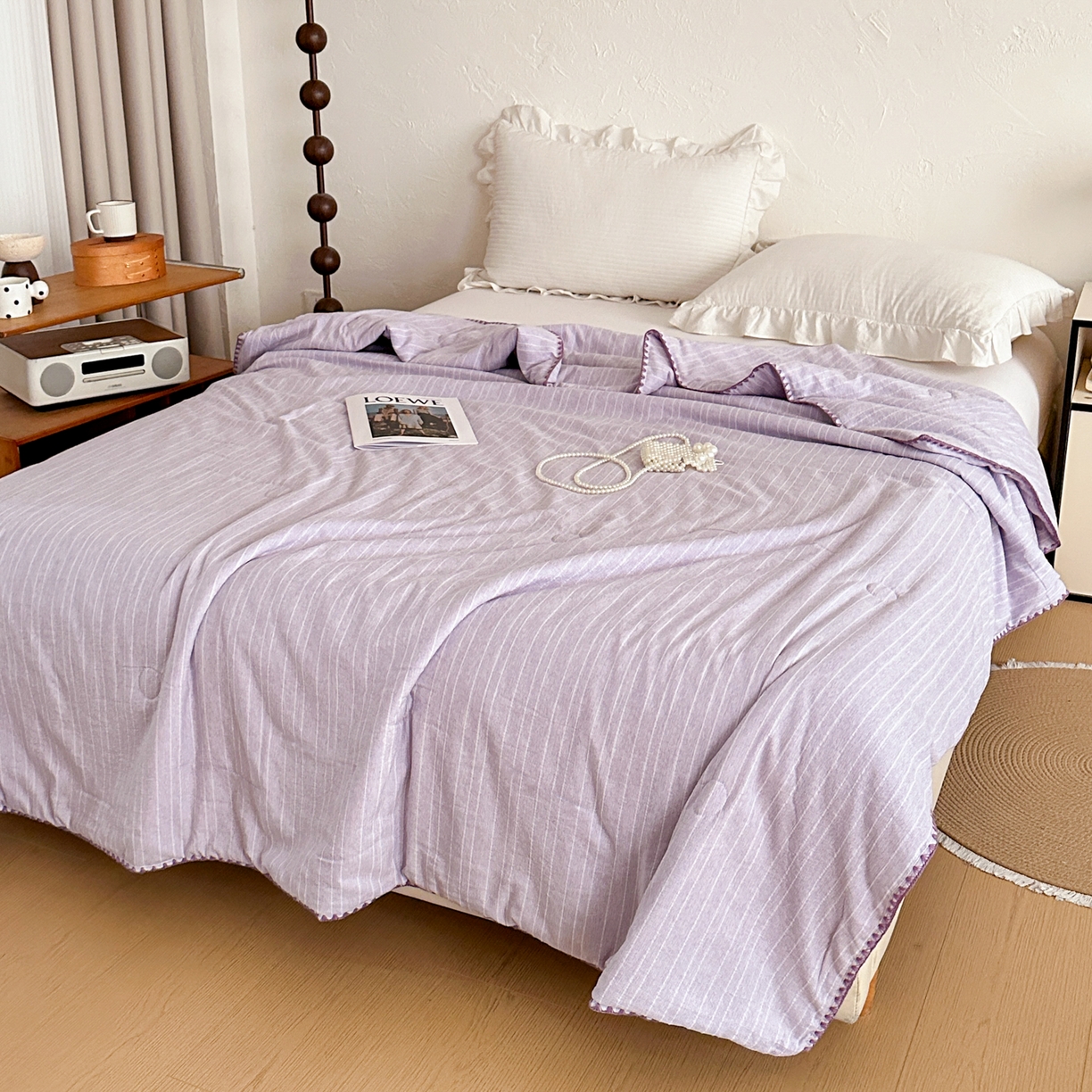 91家纺网 家纺一手货源 找家纺 鑫利来家纺 2026新款纯色无印风夏被简约素色法式麻夏凉被阳离子色织提花单人双人学生夏凉被 青禾-浅紫
