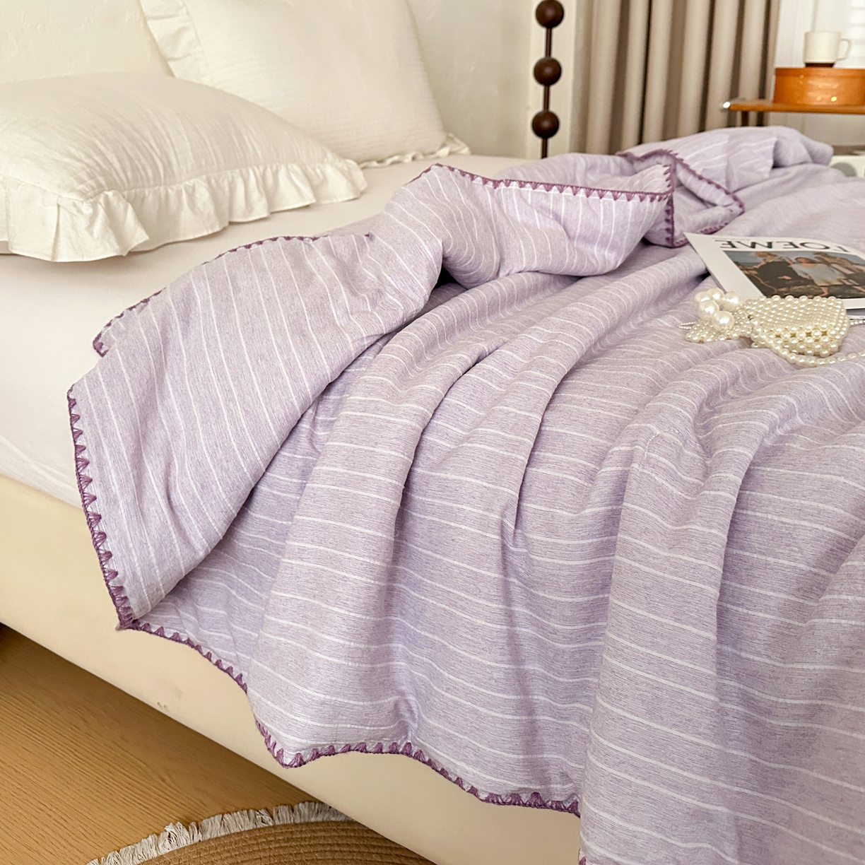 91家纺网 家纺一手货源 找家纺 鑫利来家纺 2026新款纯色无印风夏被简约素色法式麻夏凉被阳离子色织提花单人双人学生夏凉被 青禾-浅紫