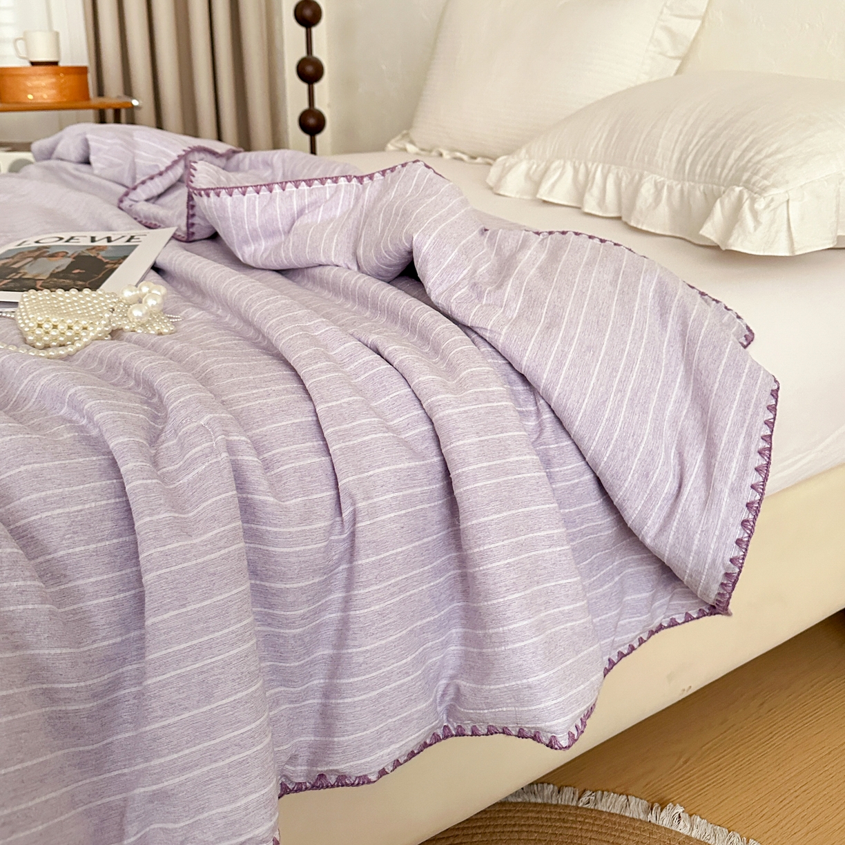 91家纺网 家纺一手货源 找家纺 鑫利来家纺 2026新款纯色无印风夏被简约素色法式麻夏凉被阳离子色织提花单人双人学生夏凉被 青禾-浅紫