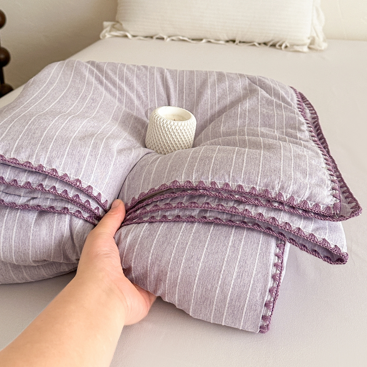 91家纺网 家纺一手货源 找家纺 鑫利来家纺 2026新款纯色无印风夏被简约素色法式麻夏凉被阳离子色织提花单人双人学生夏凉被 青禾-浅紫