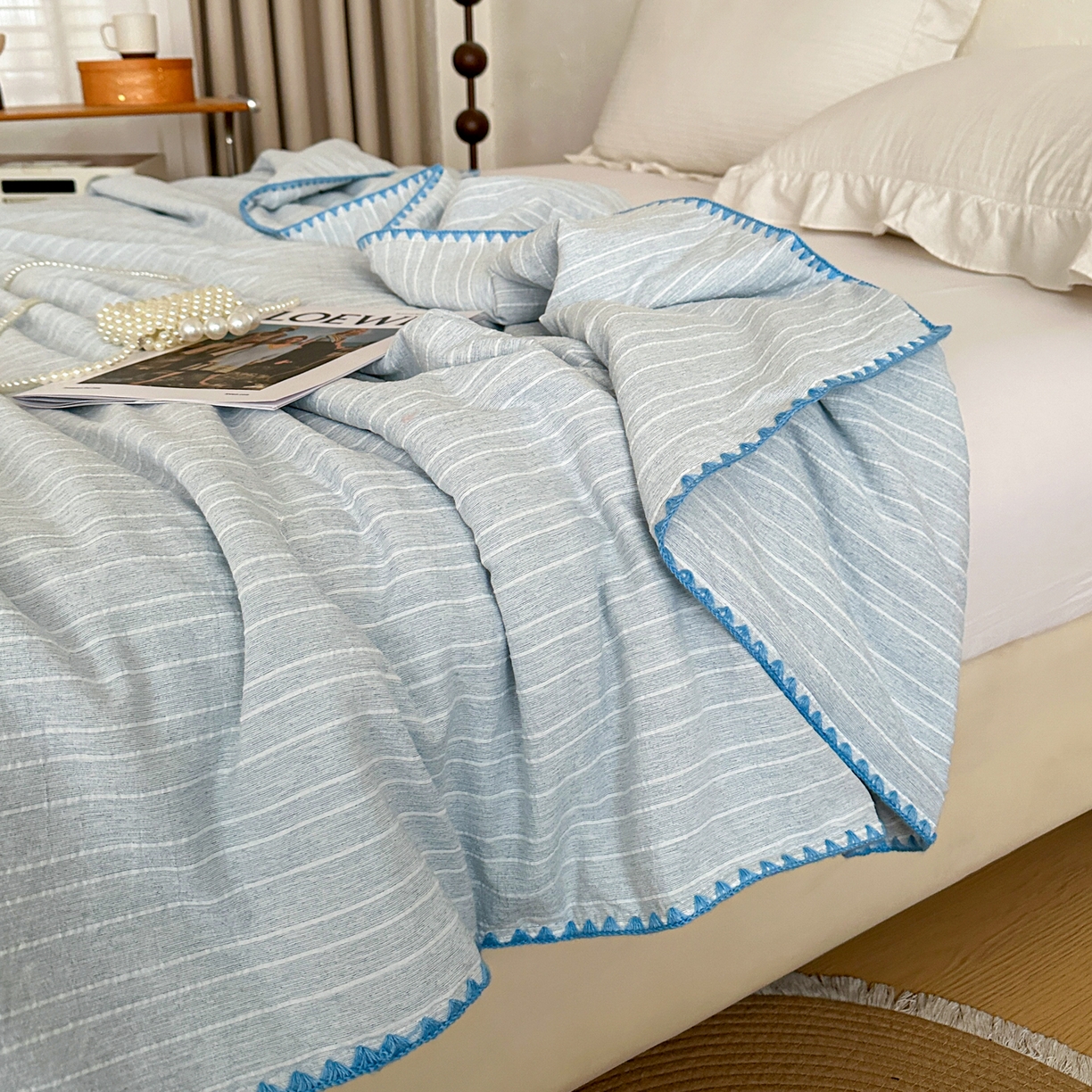 91家纺网 家纺一手货源 找家纺 鑫利来家纺 2026新款纯色无印风夏被简约素色法式麻夏凉被阳离子色织提花单人双人学生夏凉被 青禾-雾蓝