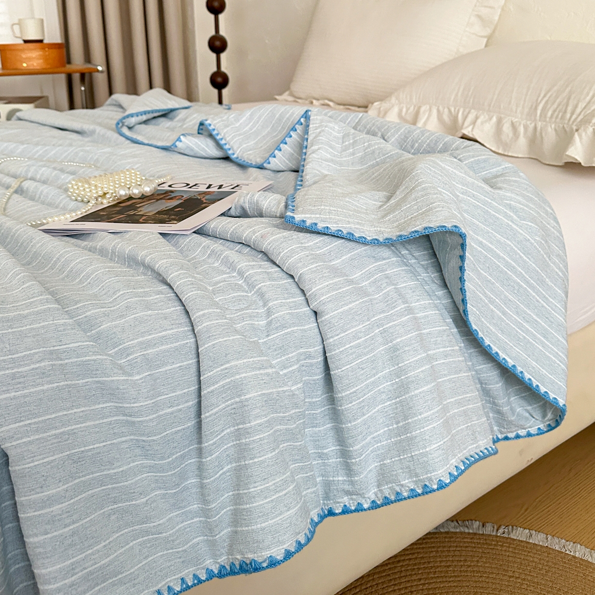 91家纺网 家纺一手货源 找家纺 鑫利来家纺 2026新款纯色无印风夏被简约素色法式麻夏凉被阳离子色织提花单人双人学生夏凉被 青禾-雾蓝