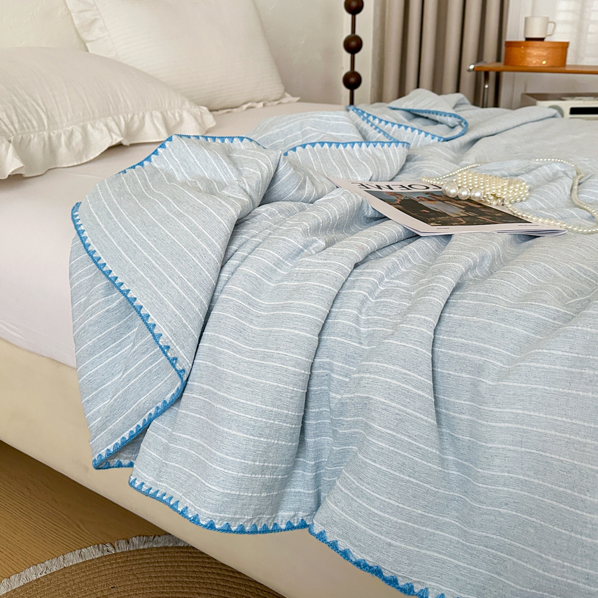 91家纺网 家纺一手货源 找家纺 鑫利来家纺 2026新款纯色无印风夏被简约素色法式麻夏凉被阳离子色织提花单人双人学生夏凉被 青禾-雾蓝