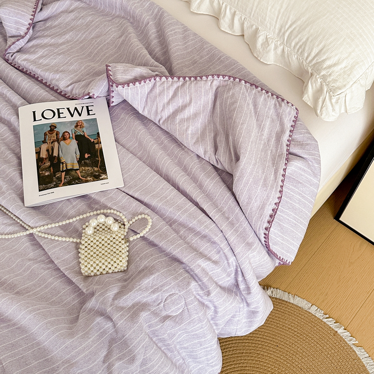 91家纺网 家纺一手货源 找家纺 鑫利来家纺 2026新款纯色无印风夏被简约素色法式麻夏凉被阳离子色织提花单人双人学生夏凉被 青禾-浅紫