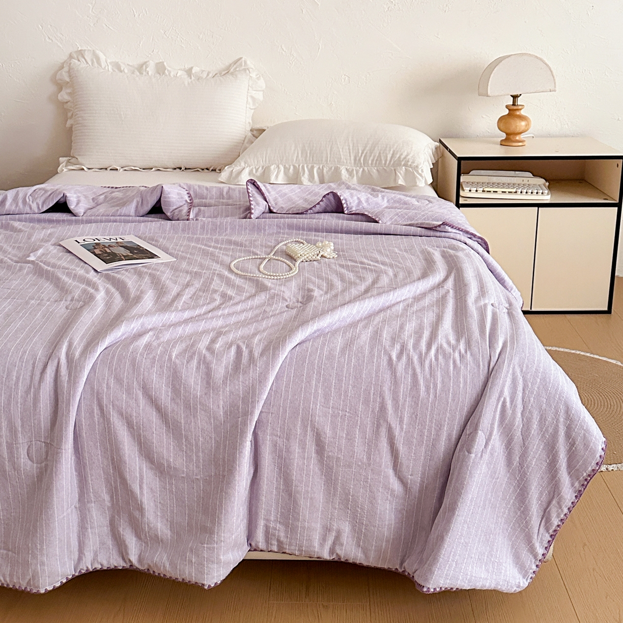 91家纺网 家纺一手货源 找家纺 鑫利来家纺 2026新款纯色无印风夏被简约素色法式麻夏凉被阳离子色织提花单人双人学生夏凉被 青禾-浅紫
