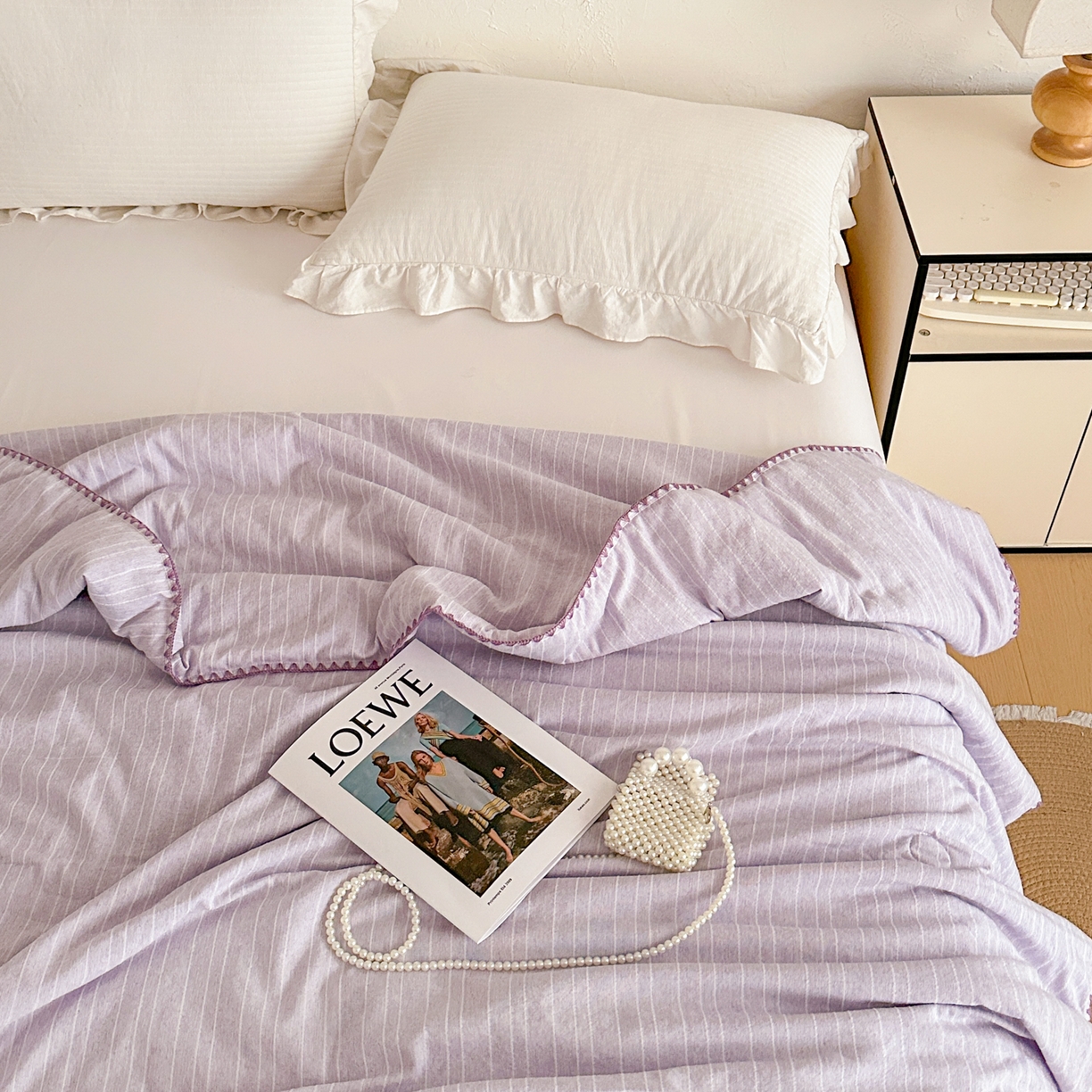 91家纺网 家纺一手货源 找家纺 鑫利来家纺 2026新款纯色无印风夏被简约素色法式麻夏凉被阳离子色织提花单人双人学生夏凉被 青禾-浅紫