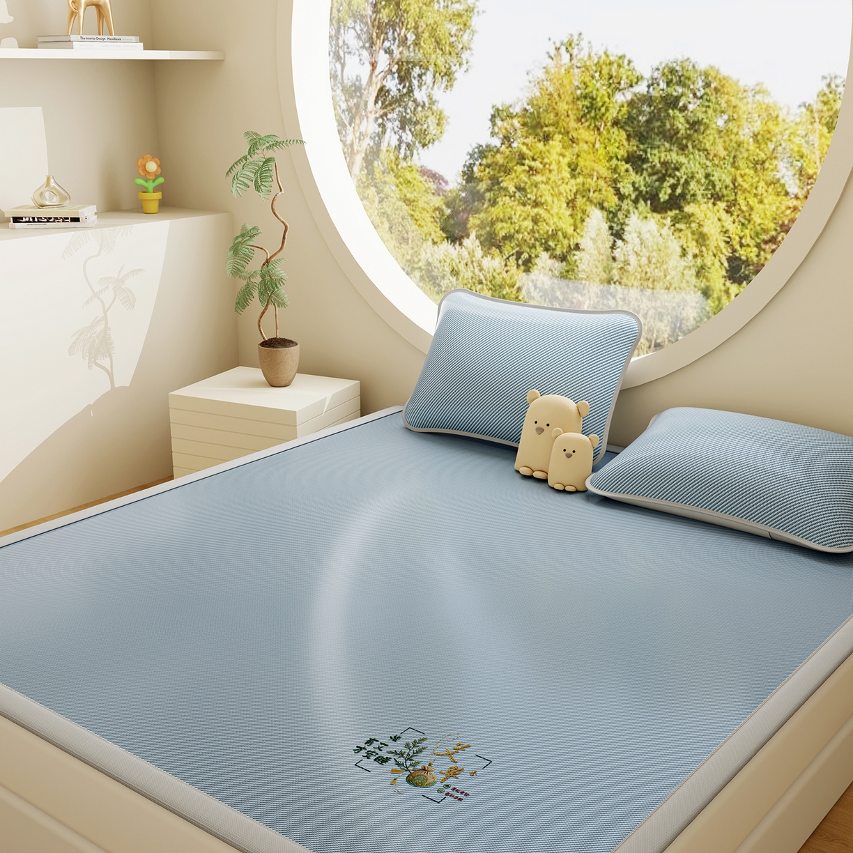 91家纺网 家纺一手货源 找家纺 家品罗兰 2026新款夏季A类艾草碳光凉席三明治冰丝凉席家用冰丝席可机洗空调软席三件套-大床 艾草-蓝