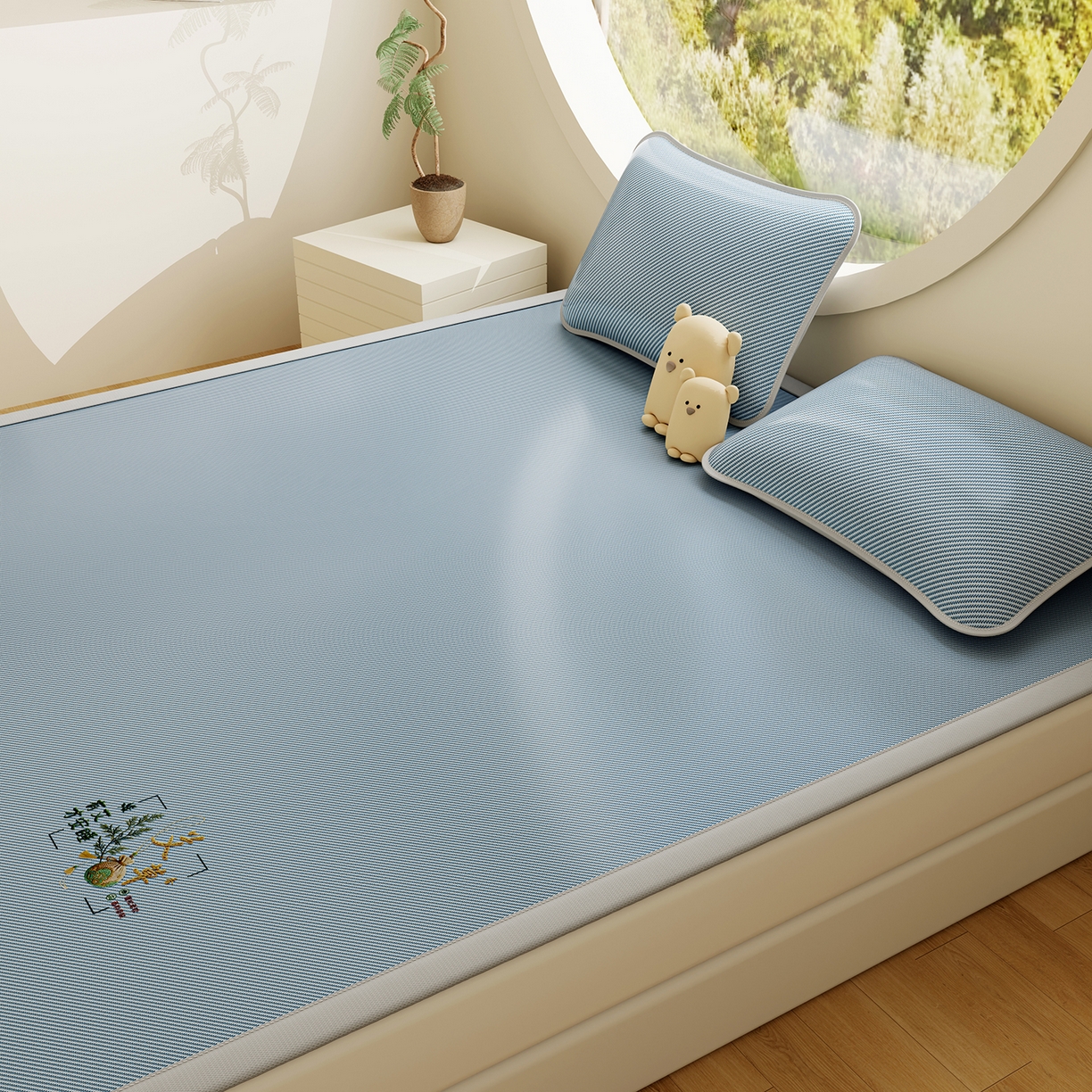 91家纺网 家纺一手货源 找家纺 家品罗兰 2026新款夏季A类艾草碳光凉席三明治冰丝凉席家用冰丝席可机洗空调软席三件套-大床 艾草-蓝