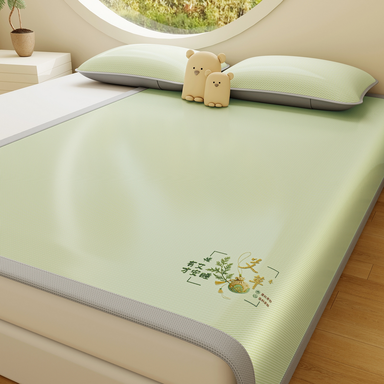 91家纺网 家纺一手货源 找家纺 家品罗兰 2026新款夏季A类艾草碳光凉席三明治冰丝凉席家用冰丝席可机洗空调软席三件套-大床 艾草-绿