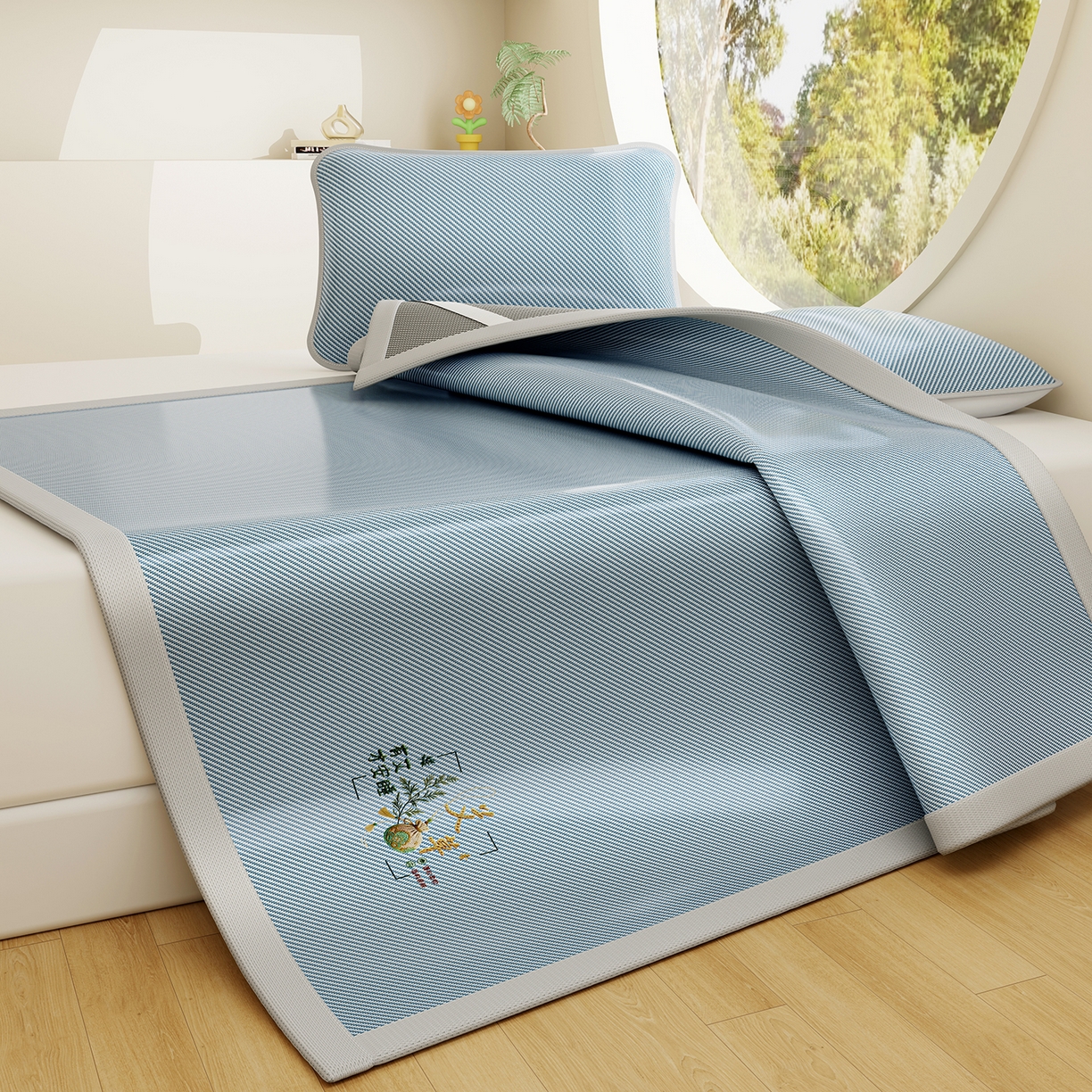 91家纺网 家纺一手货源 找家纺 家品罗兰 2026新款夏季A类艾草碳光凉席三明治冰丝凉席家用冰丝席可机洗空调软席三件套-大床 艾草-蓝