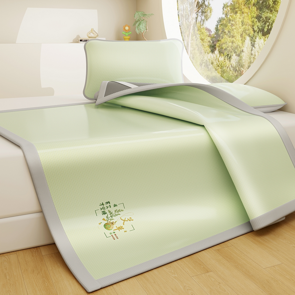 91家纺网 家纺一手货源 找家纺 家品罗兰 2026新款夏季A类艾草碳光凉席三明治冰丝凉席家用冰丝席可机洗空调软席三件套-大床 艾草-绿