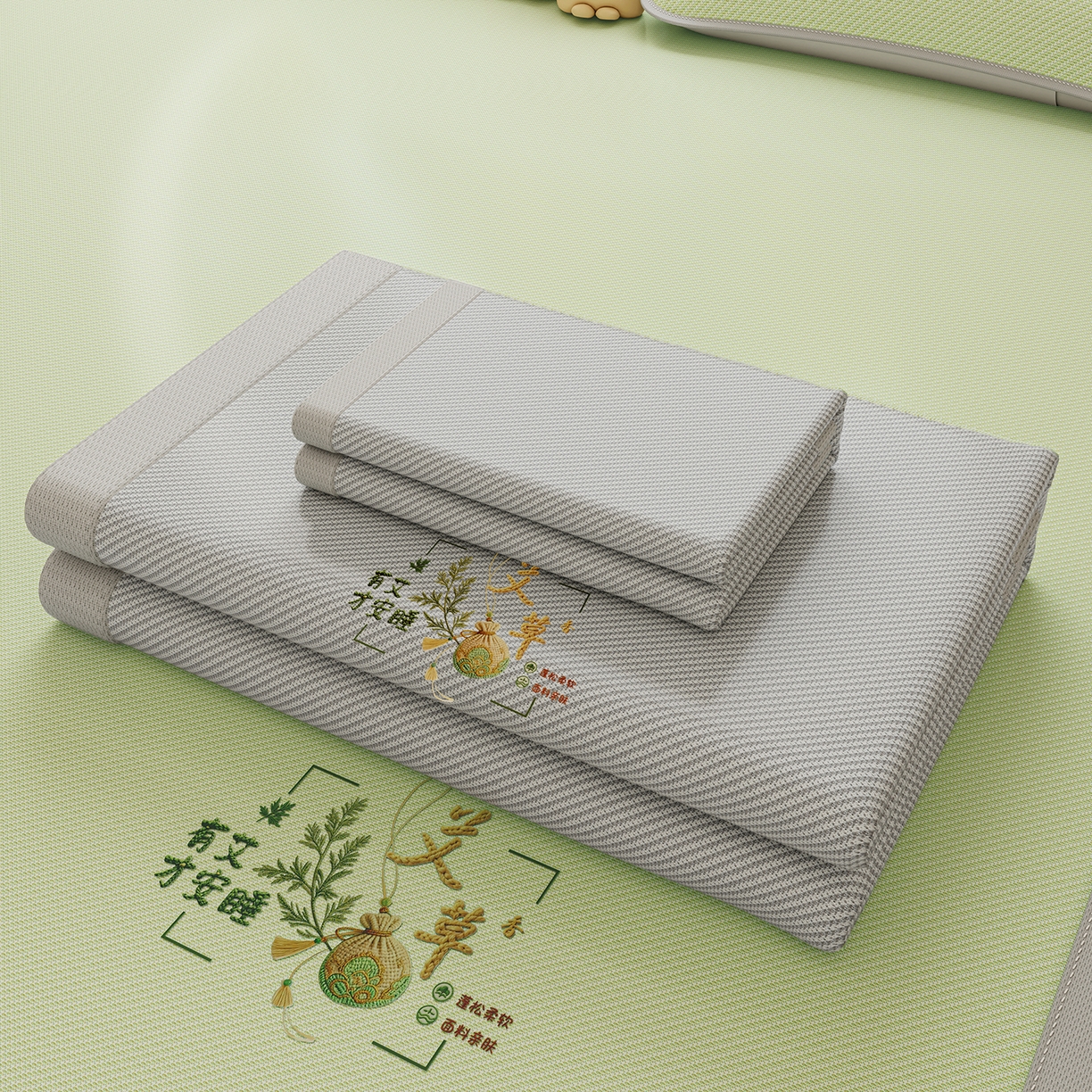 家品罗兰 2026新款夏季A类艾草碳光凉席三明治冰丝凉席家用冰丝席可机洗空调软席三件套-大床 艾草-灰