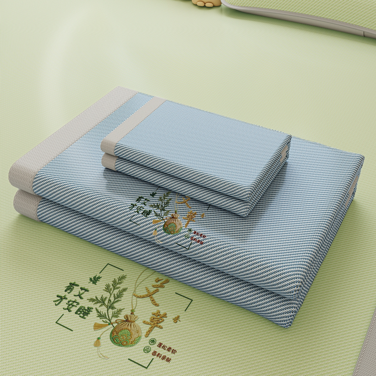 家品罗兰 2026新款夏季A类艾草碳光凉席三明治冰丝凉席家用冰丝席可机洗空调软席三件套-大床 艾草-蓝