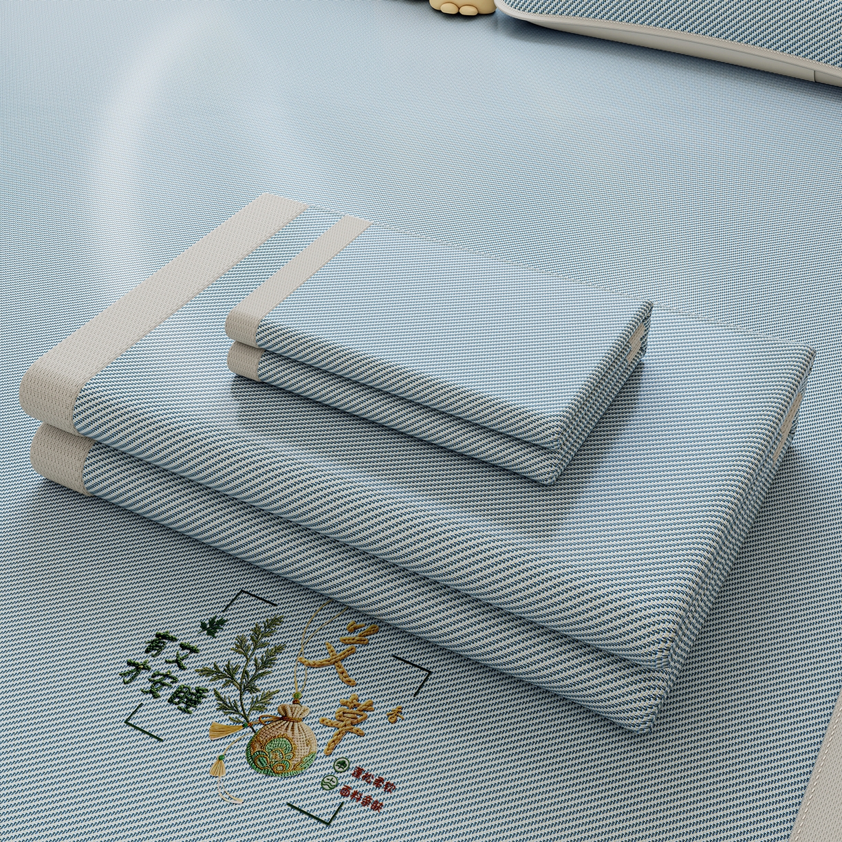 91家纺网 家纺一手货源 找家纺 家品罗兰 2026新款夏季A类艾草碳光凉席三明治冰丝凉席家用冰丝席可机洗空调软席三件套-大床 艾草-蓝