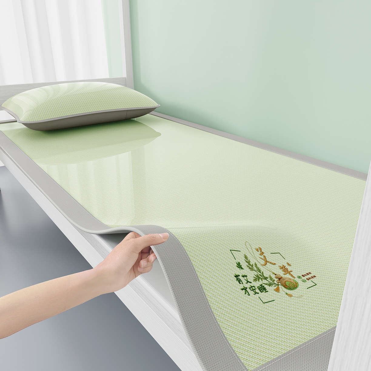 91家纺网 家纺一手货源 找家纺 家品罗兰 2026新款夏季A类艾草碳光凉席三明治冰丝凉席家用冰丝席可机洗学生宿舍上下铺空调软席三件套-学生床 艾草-绿
