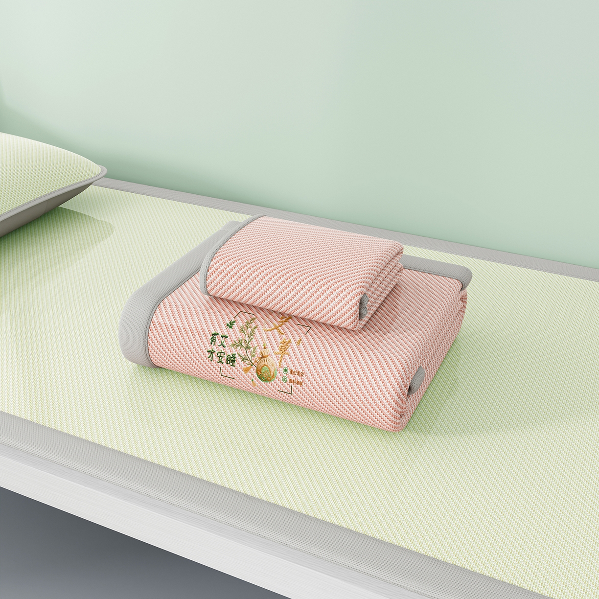 91家纺网 家纺一手货源 找家纺 （总）家品罗兰 2026新款夏季A类艾草碳光凉席三明治冰丝凉席家用冰丝席可机洗学生宿舍上下铺空调软席三件套-学生床