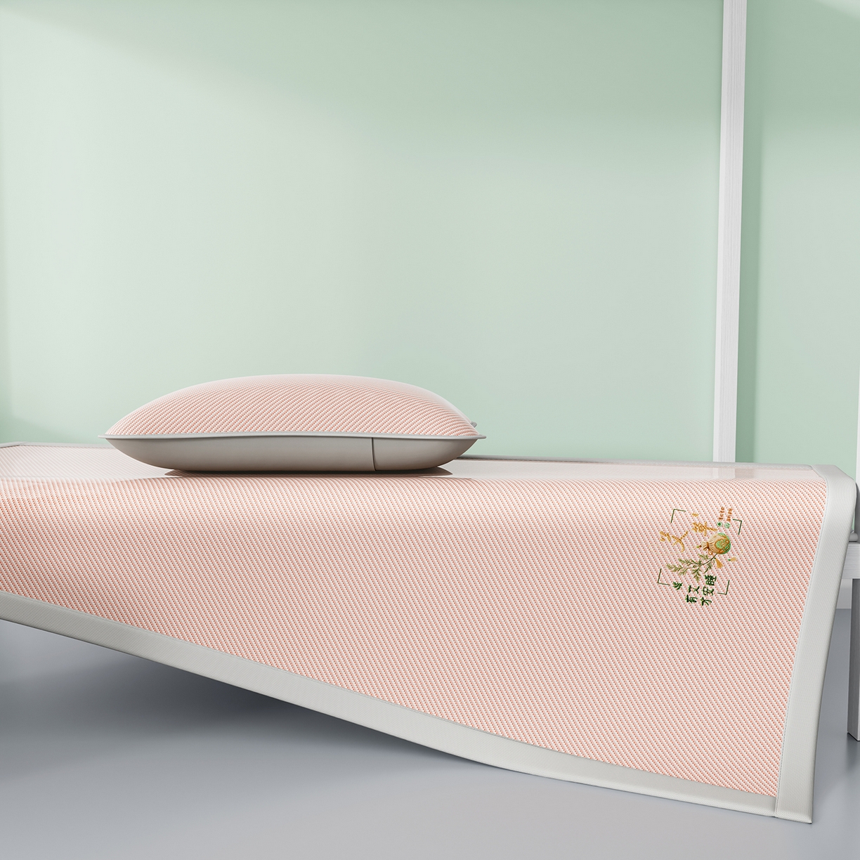 91家纺网 家纺一手货源 找家纺 家品罗兰 2026新款夏季A类艾草碳光凉席三明治冰丝凉席家用冰丝席可机洗学生宿舍上下铺空调软席三件套-学生床 艾草-粉