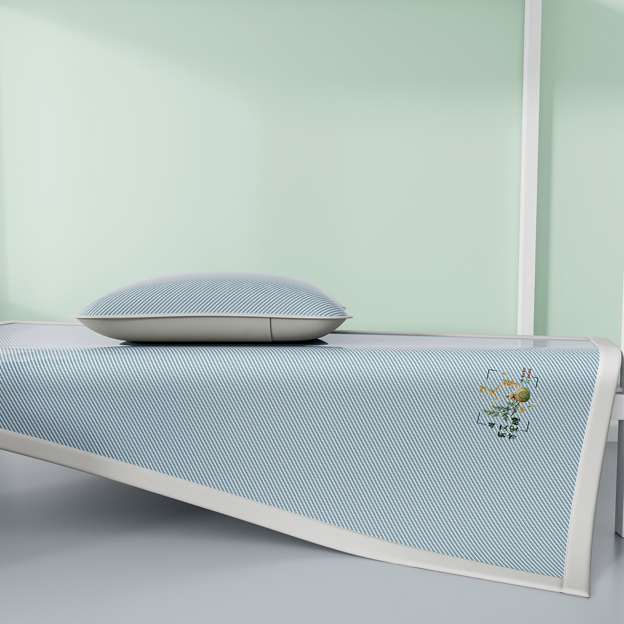 91家纺网 家纺一手货源 找家纺 家品罗兰 2026新款夏季A类艾草碳光凉席三明治冰丝凉席家用冰丝席可机洗学生宿舍上下铺空调软席三件套-学生床 艾草-蓝