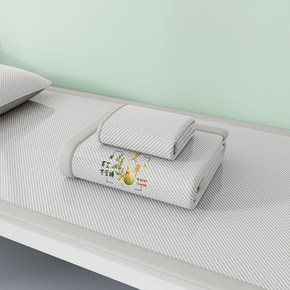 91家纺网 家纺一手货源 找家纺 家品罗兰 2026新款夏季A类艾草碳光凉席三明治冰丝凉席家用冰丝席可机洗学生宿舍上下铺空调软席三件套-学生床 艾草-灰
