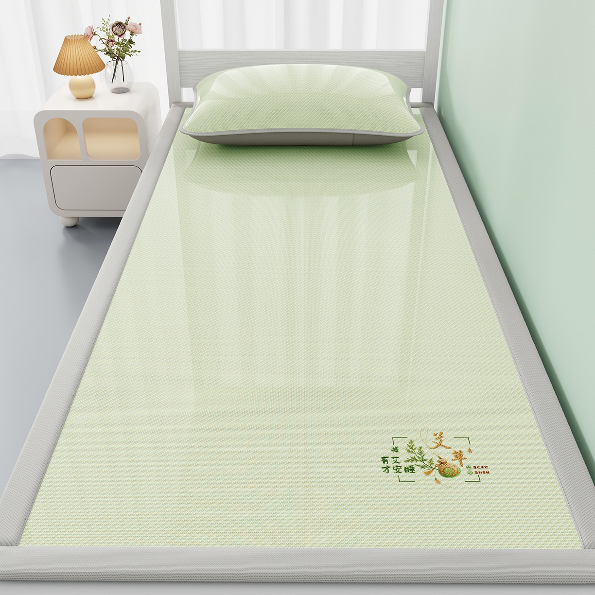 家品罗兰 2026新款夏季A类艾草碳光凉席三明治冰丝凉席家用冰丝席可机洗学生宿舍上下铺空调软席三件套-学生床 艾草-绿